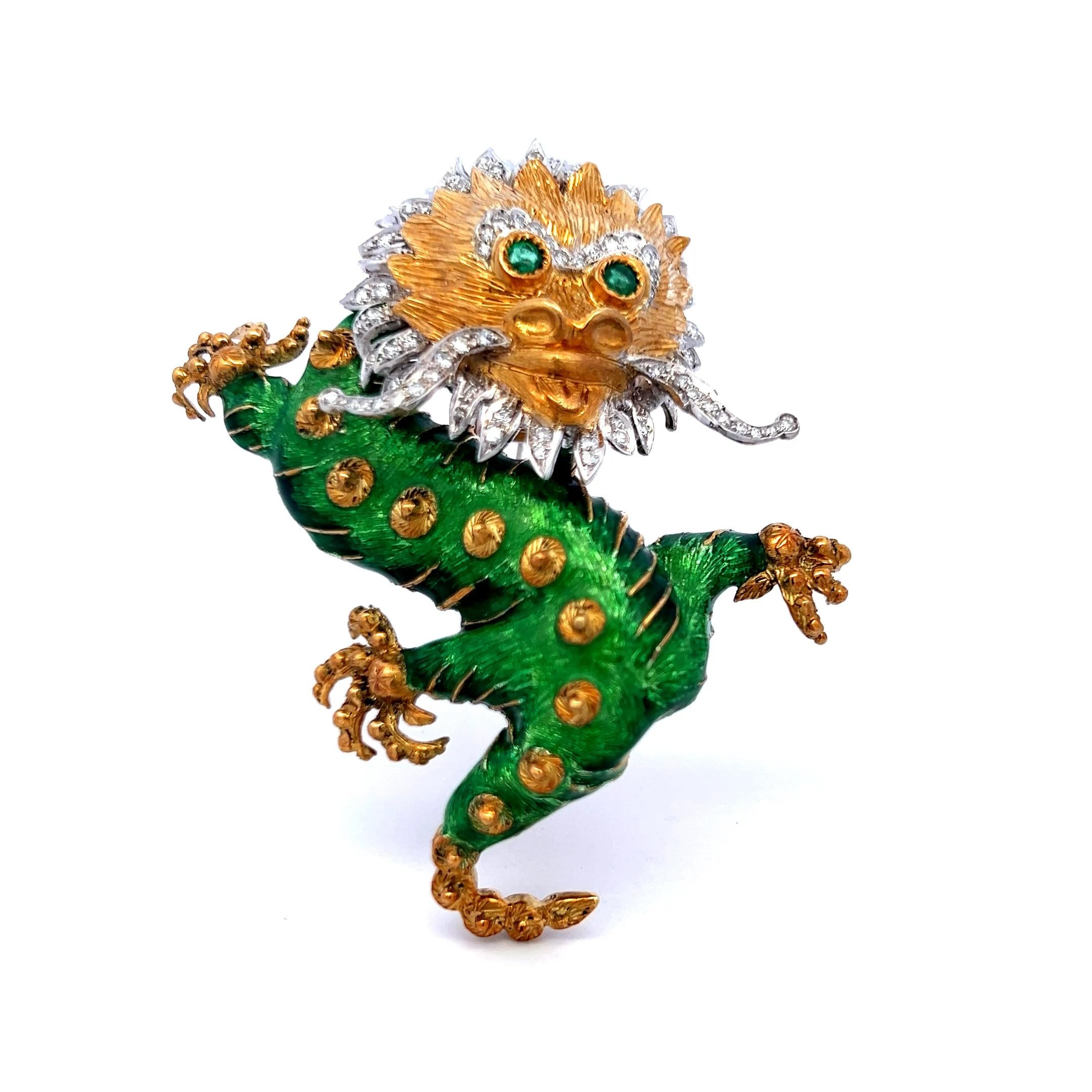18K Two-Tone Gold Dragon Brooch with Diamonds and Emerald Eyes Vintage