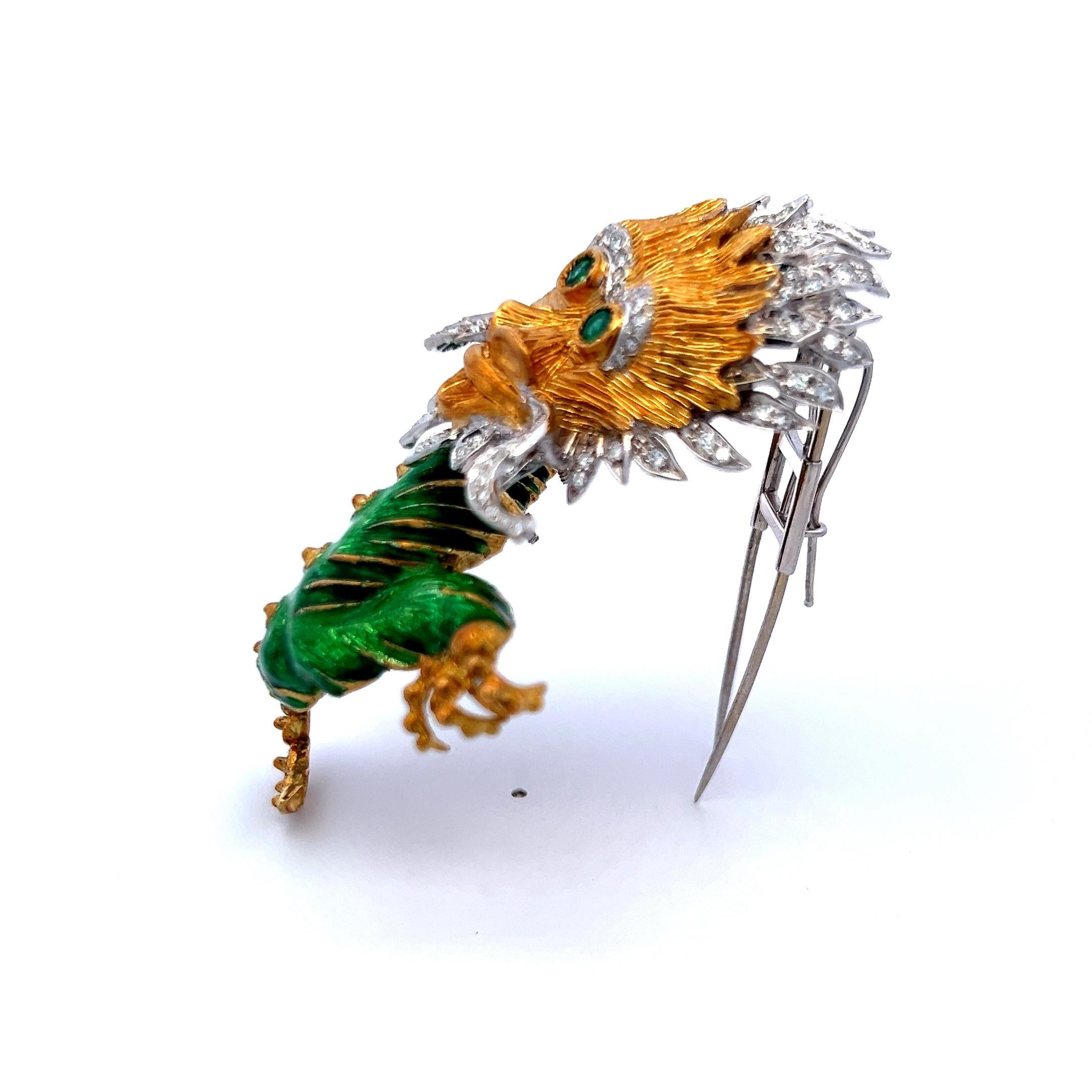 18K Two-Tone Gold Dragon Brooch with Diamonds and Emerald Eyes Vintage