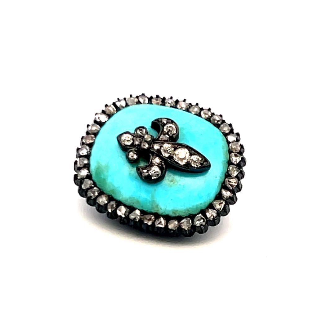 0.45ct Rose-Cut Diamond & Turquoise 18K Two-Tone Gold/Silver Vintage Brooch