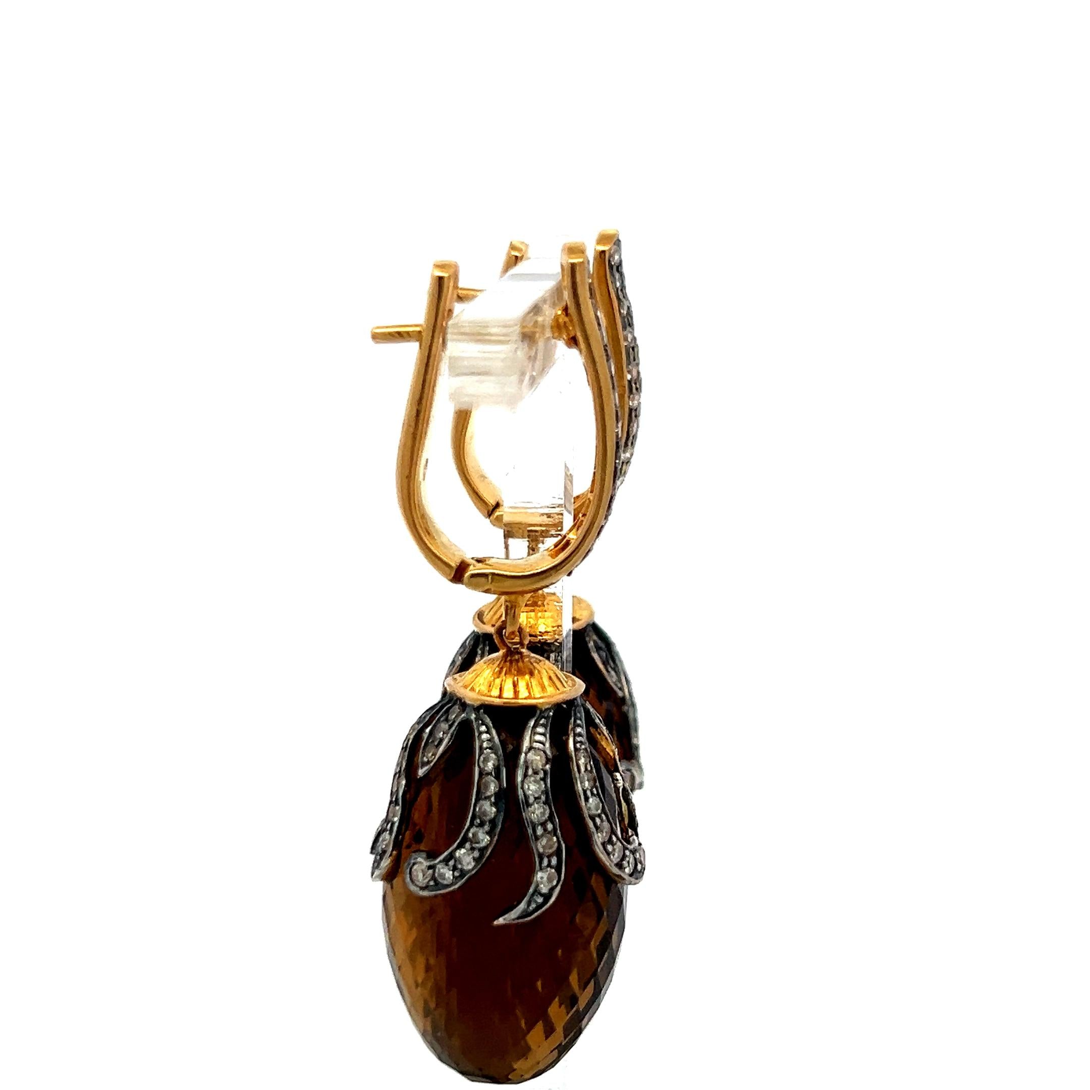 14K YG Dangling Earrings with 1.2 Carat Diamonds and 14.5 X24.5 MM Smokey Quartz