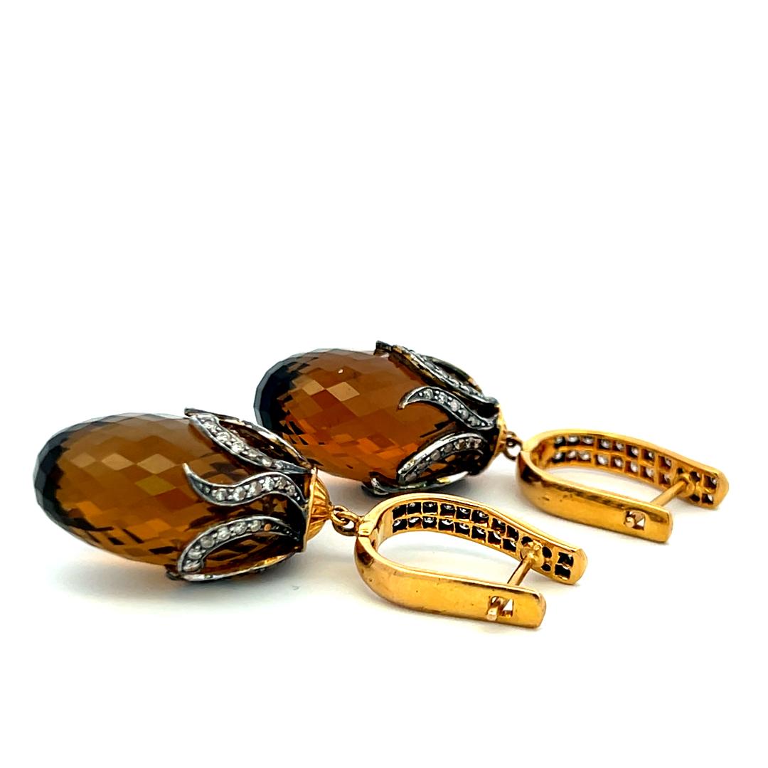 14K YG Dangling Earrings with 1.2 Carat Diamonds and 14.5 X24.5 MM Smokey Quartz