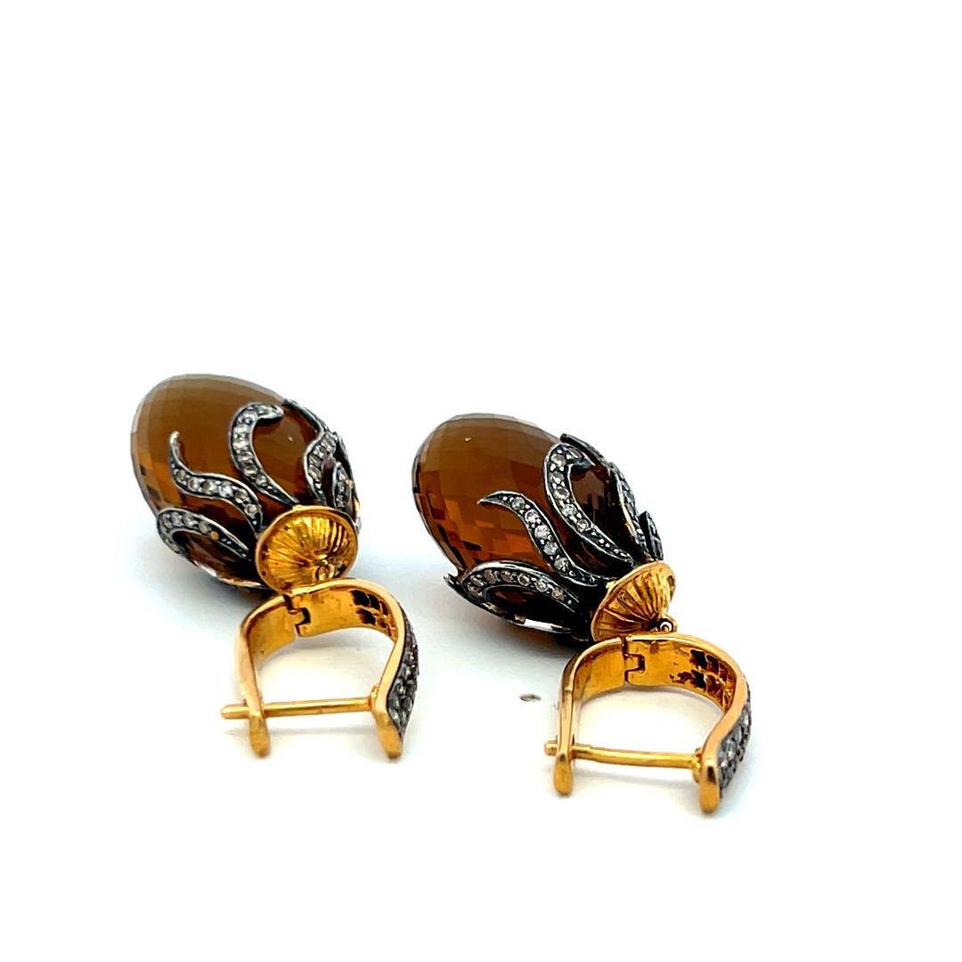 14K YG Dangling Earrings with 1.2 Carat Diamonds and 14.5 X24.5 MM Smokey Quartz
