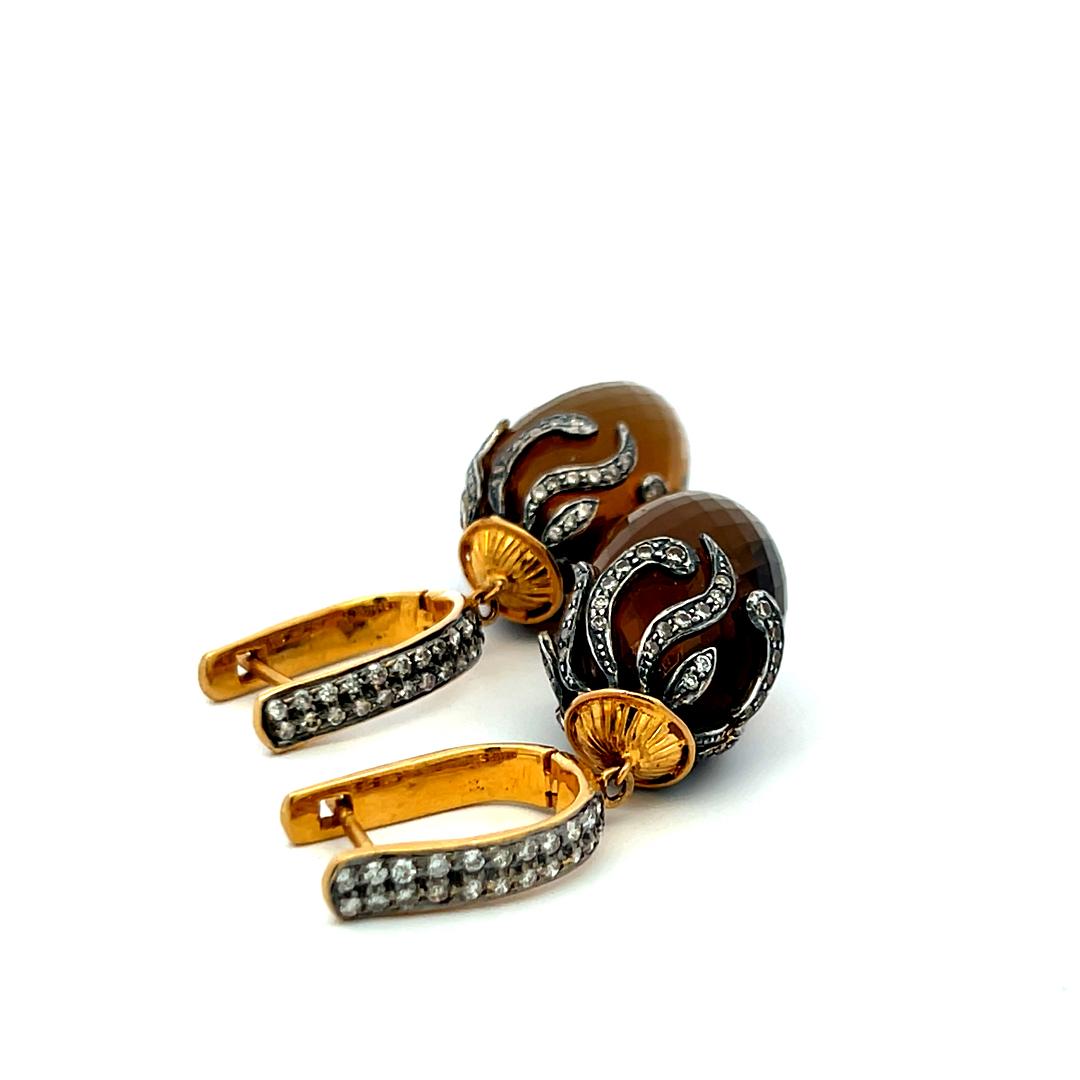 14K YG Dangling Earrings with 1.2 Carat Diamonds and 14.5 X24.5 MM Smokey Quartz
