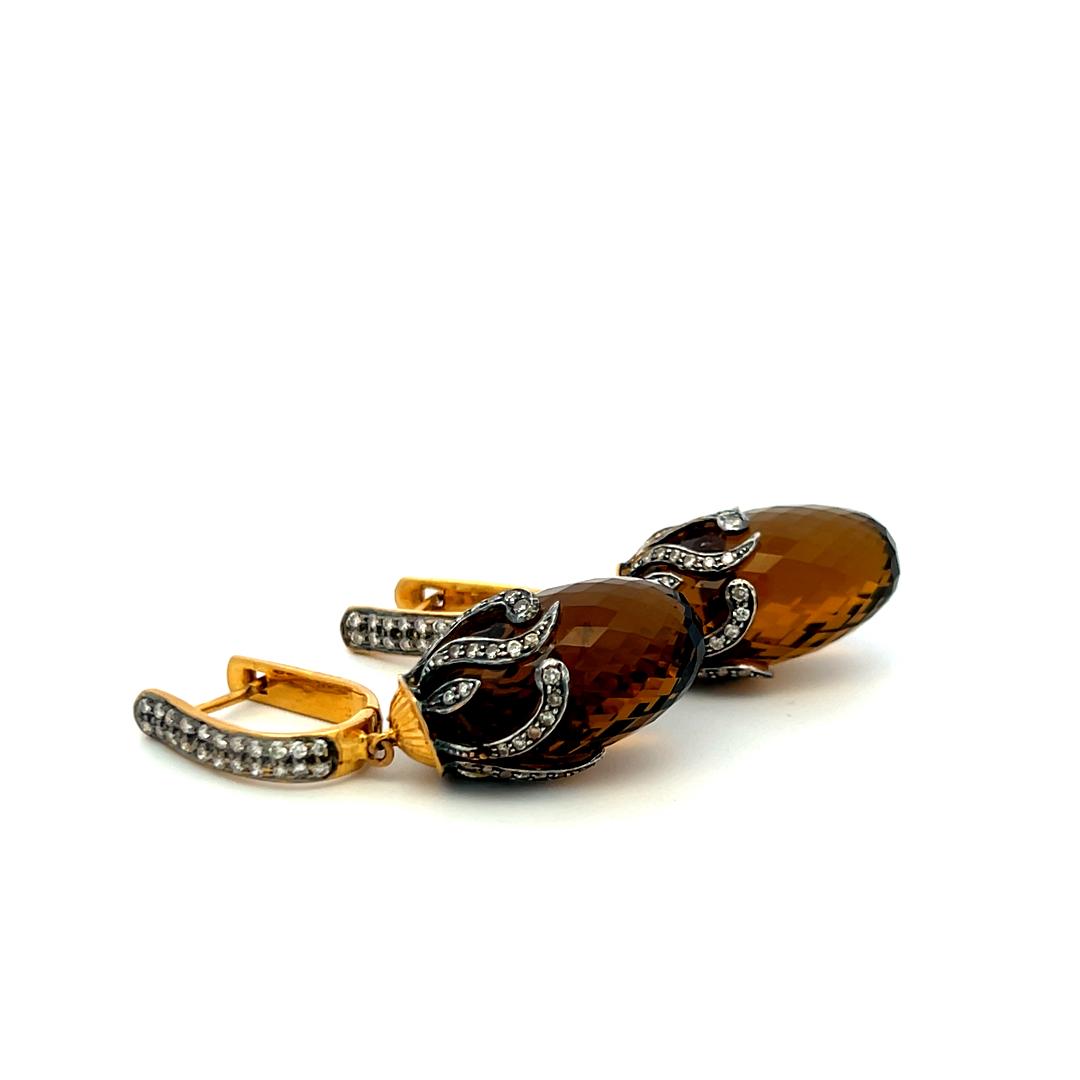 14K YG Dangling Earrings with 1.2 Carat Diamonds and 14.5 X24.5 MM Smokey Quartz