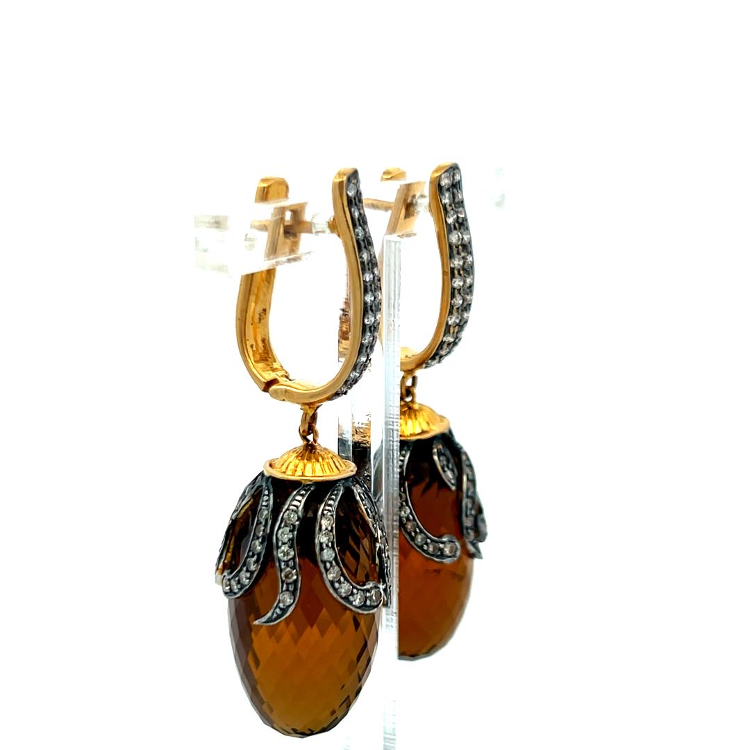 14K YG Dangling Earrings with 1.2 Carat Diamonds and 14.5 X24.5 MM Smokey Quartz