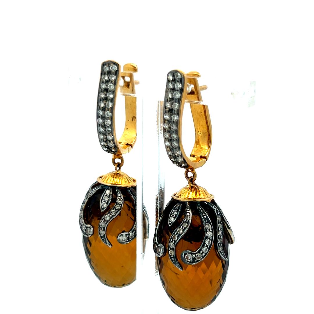14K YG Dangling Earrings with 1.2 Carat Diamonds and 14.5 X24.5 MM Smokey Quartz