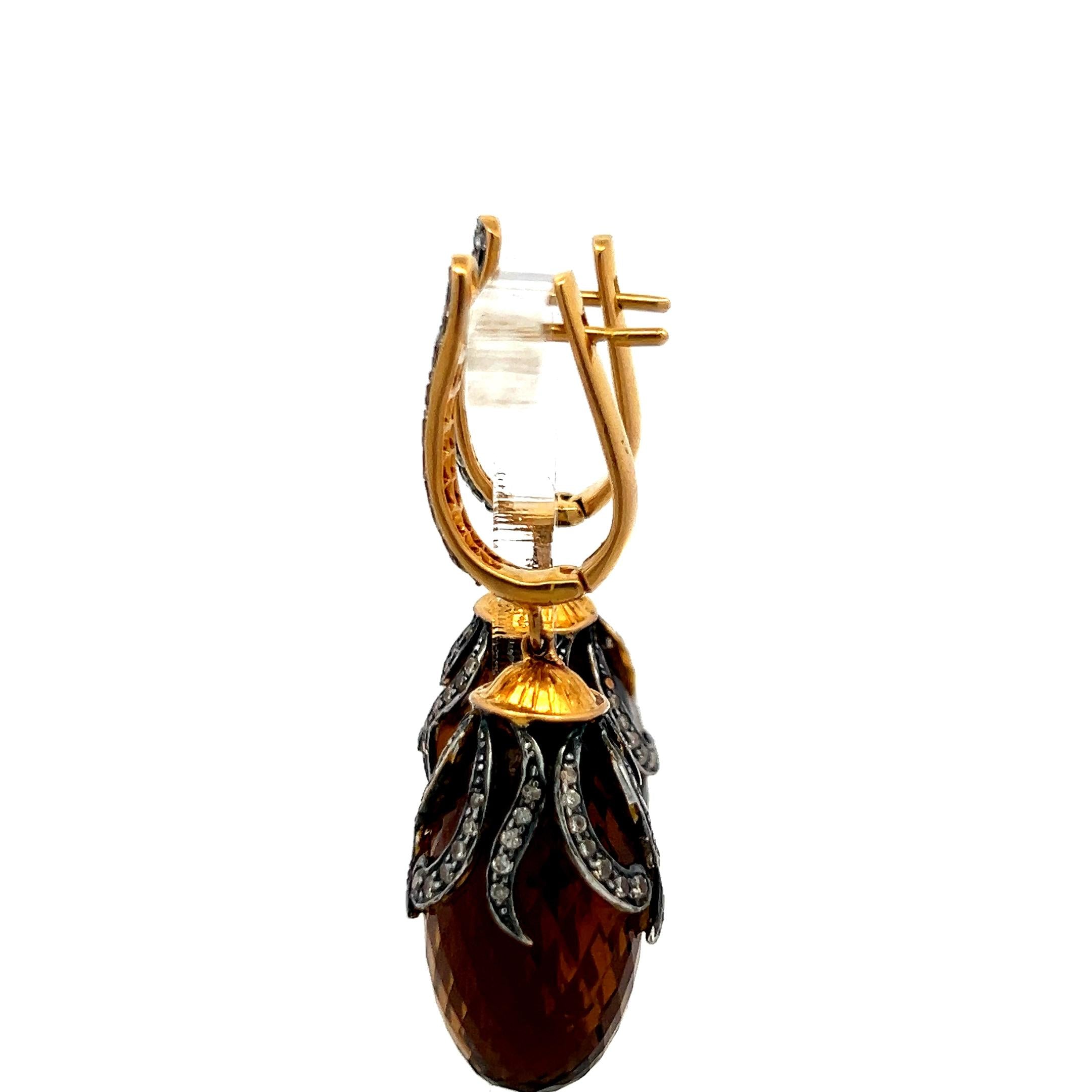 14K YG Dangling Earrings with 1.2 Carat Diamonds and 14.5 X24.5 MM Smokey Quartz