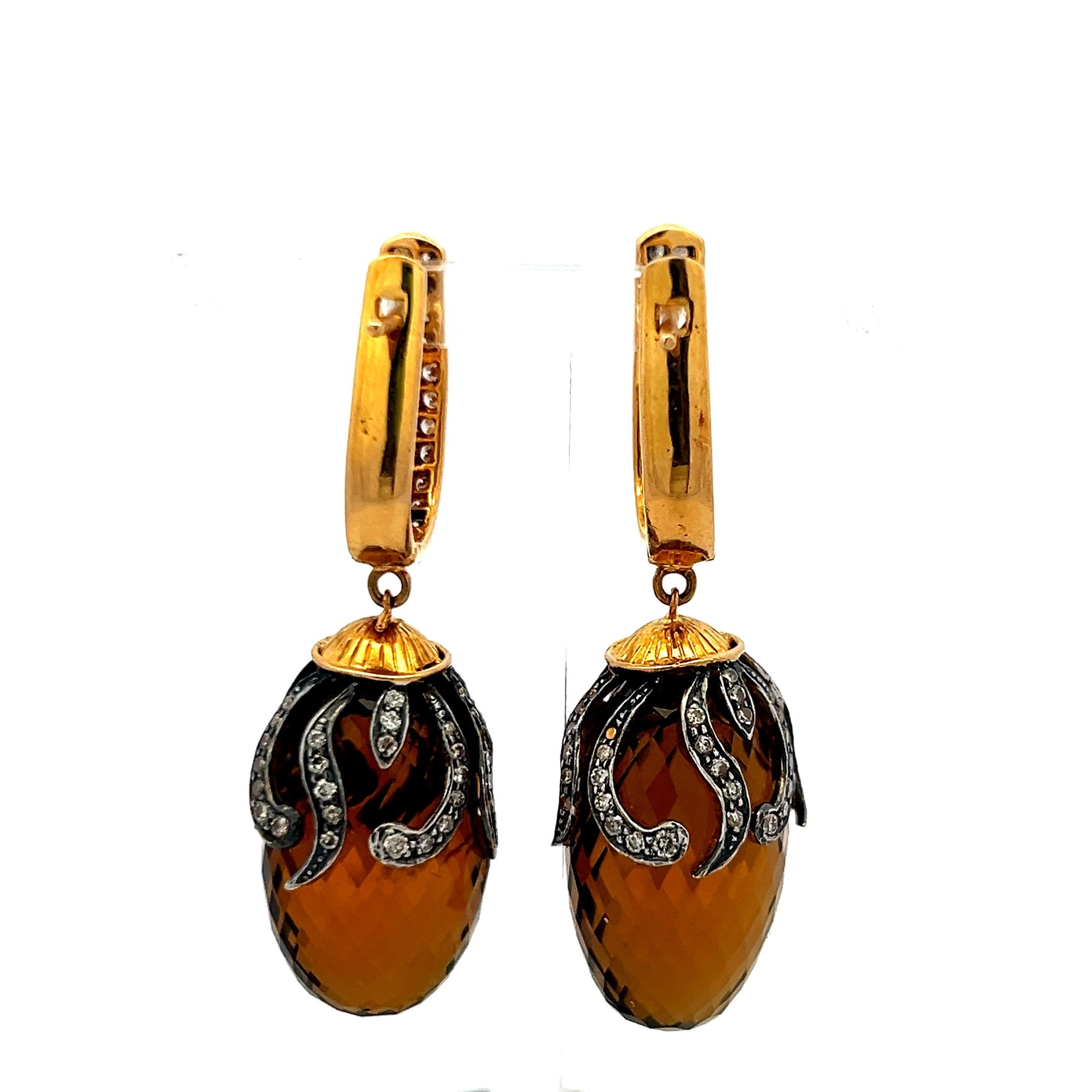 14K YG Dangling Earrings with 1.2 Carat Diamonds and 14.5 X24.5 MM Smokey Quartz