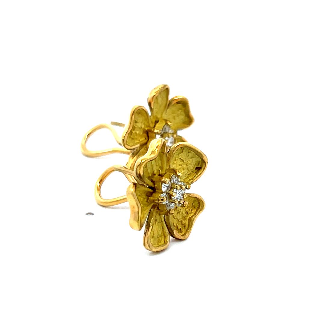 18K Yellow Gold Floral Stud Earrings with 0.42ct F VS Round Brilliant Diamonds