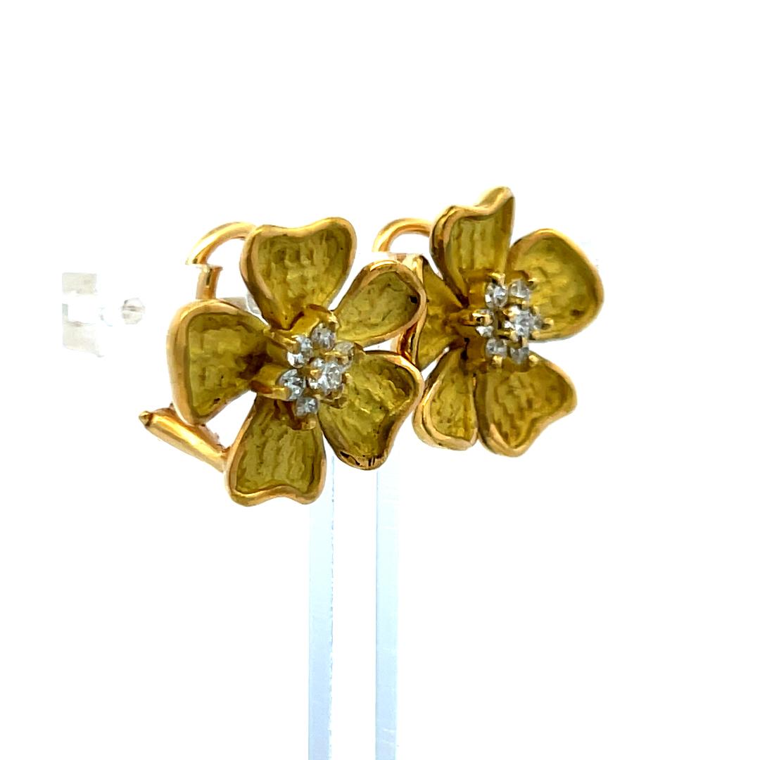 18K Yellow Gold Floral Stud Earrings with 0.42ct F VS Round Brilliant Diamonds