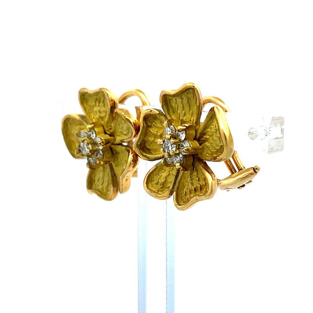 18K Yellow Gold Floral Stud Earrings with 0.42ct F VS Round Brilliant Diamonds