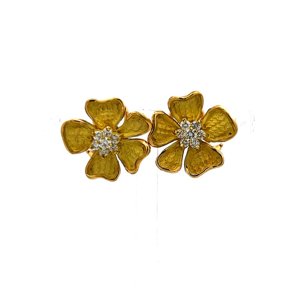 18K Yellow Gold Floral Stud Earrings with 0.42ct F VS Round Brilliant Diamonds
