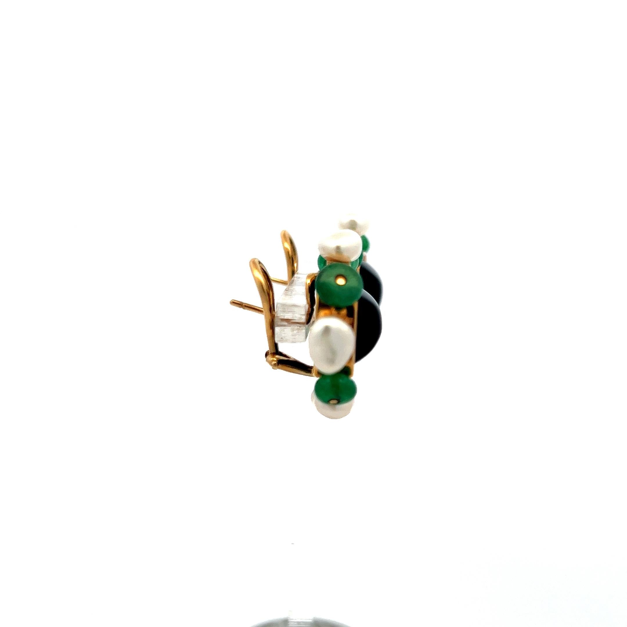 Vintage 14K Yellow Gold Onyx, Emerald & Pearl Floral Clip-On Earrings