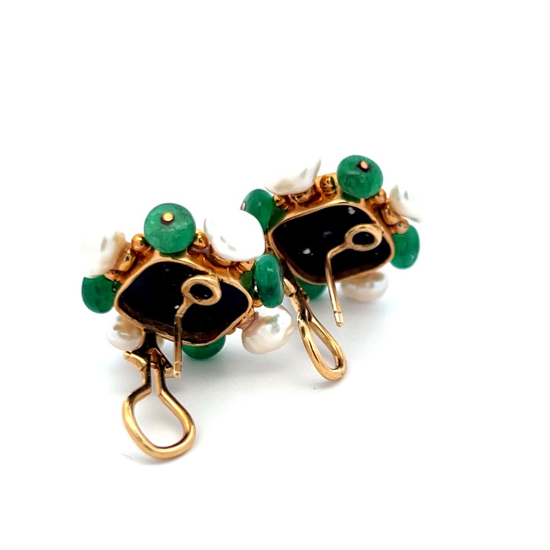 Vintage 14K Yellow Gold Onyx, Emerald & Pearl Floral Clip-On Earrings