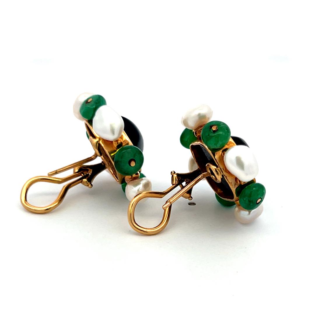 Vintage 14K Yellow Gold Onyx, Emerald & Pearl Floral Clip-On Earrings