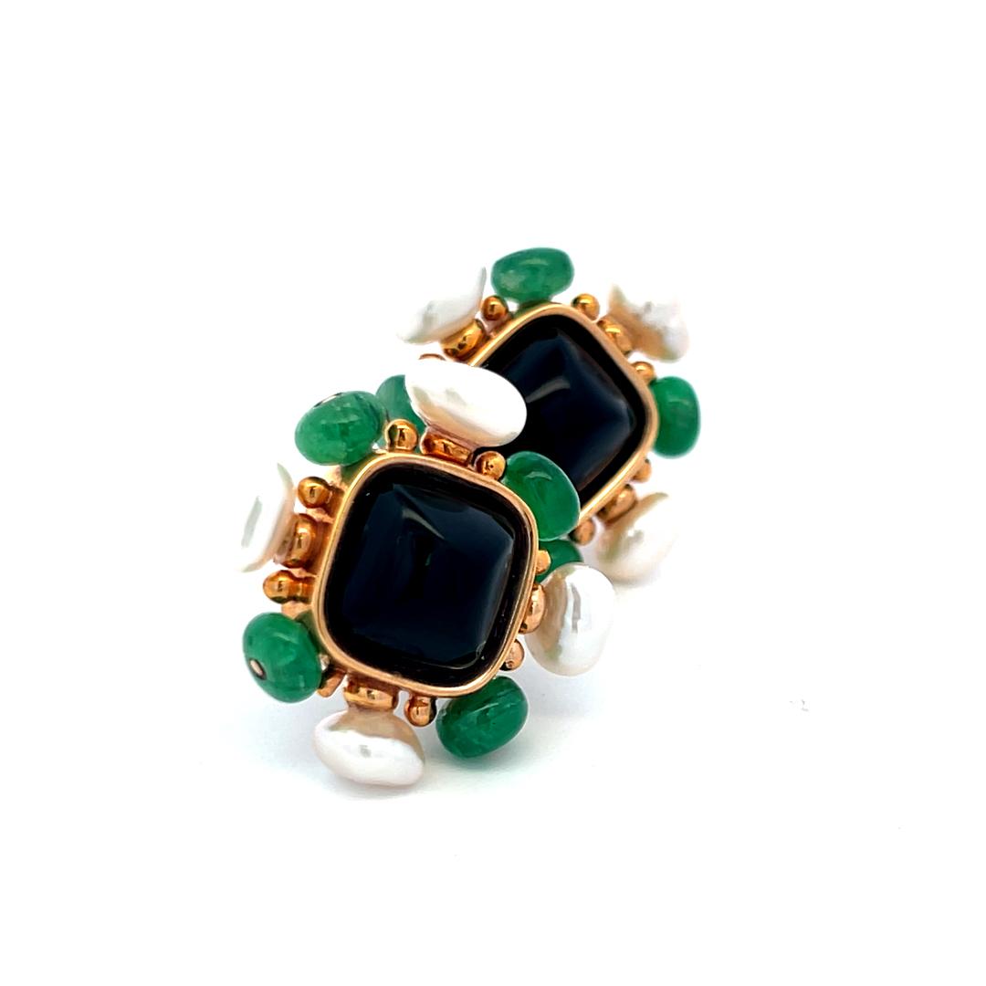 Vintage 14K Yellow Gold Onyx, Emerald & Pearl Floral Clip-On Earrings