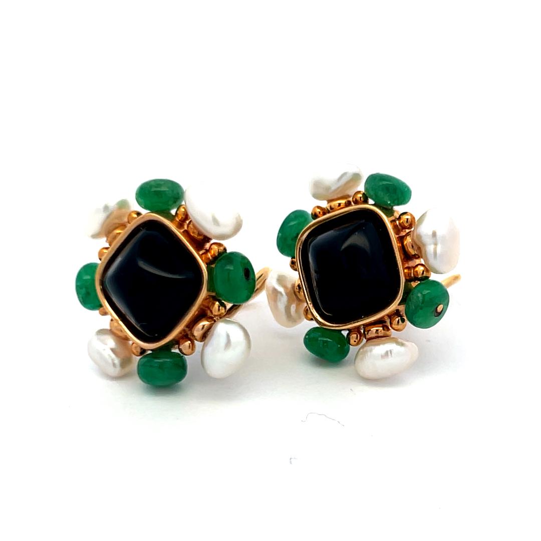 Vintage 14K Yellow Gold Onyx, Emerald & Pearl Floral Clip-On Earrings