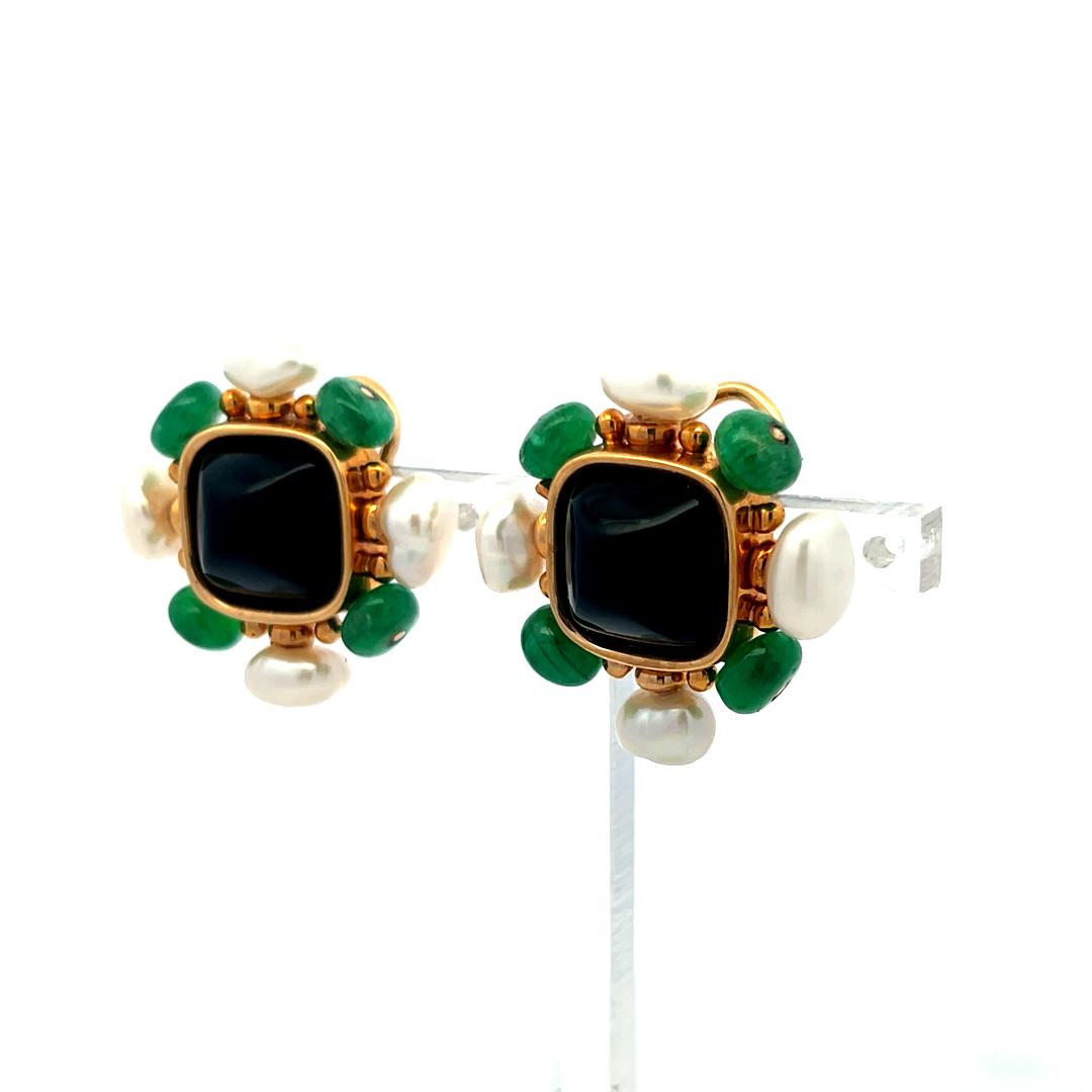 Vintage 14K Yellow Gold Onyx, Emerald & Pearl Floral Clip-On Earrings
