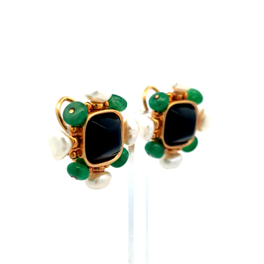 Vintage 14K Yellow Gold Onyx, Emerald & Pearl Floral Clip-On Earrings