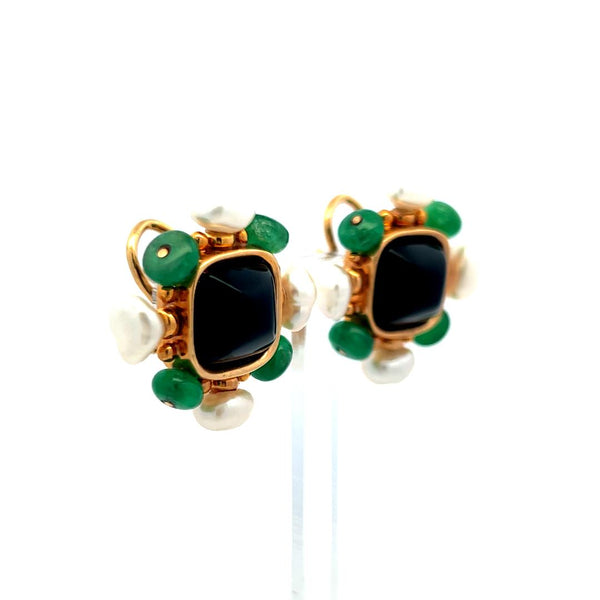 Vintage 14K Yellow Gold Onyx, Emerald & Pearl Floral Clip-On Earrings