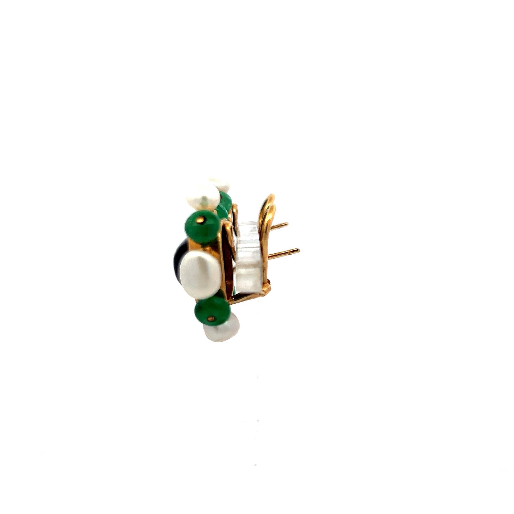 Vintage 14K Yellow Gold Onyx, Emerald & Pearl Floral Clip-On Earrings