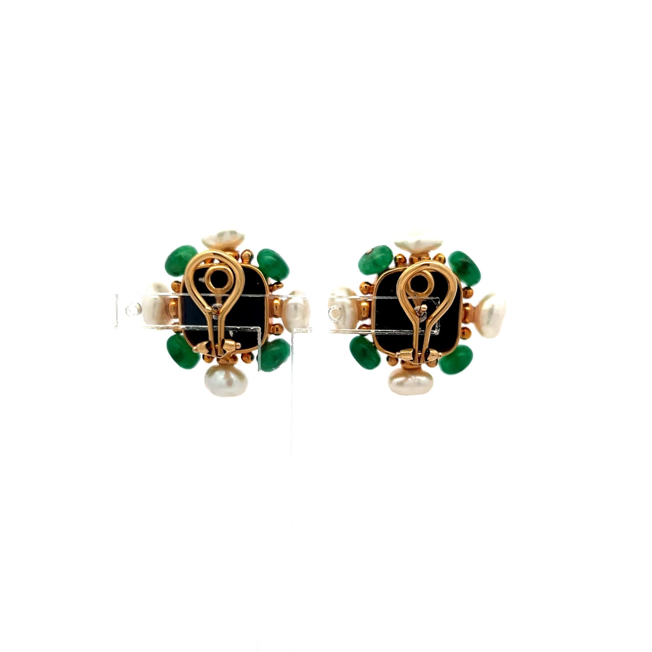 Vintage 14K Yellow Gold Onyx, Emerald & Pearl Floral Clip-On Earrings