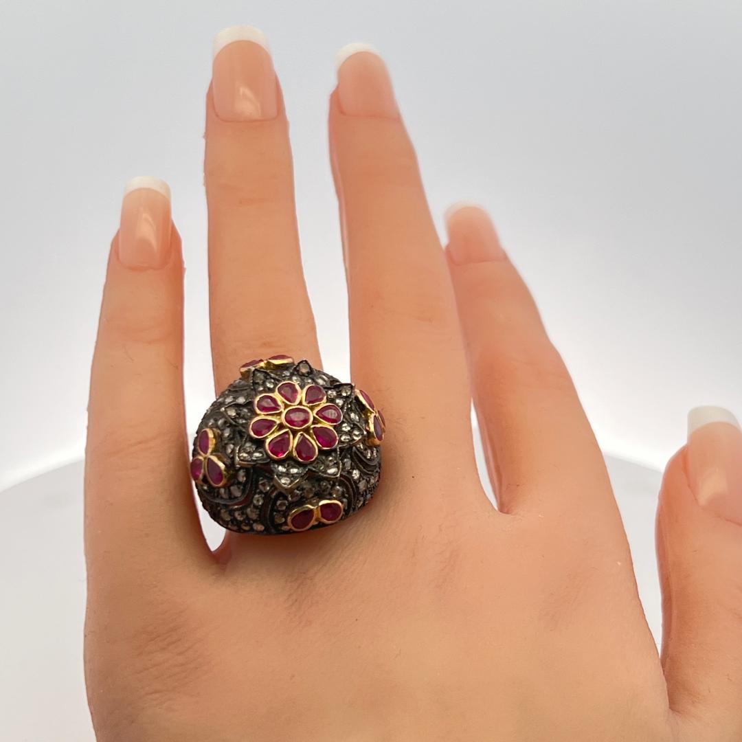 18K Yellow Gold Cocktail Ring with 1ct Rose Cut Diamonds and 4ct Ruby Size 7