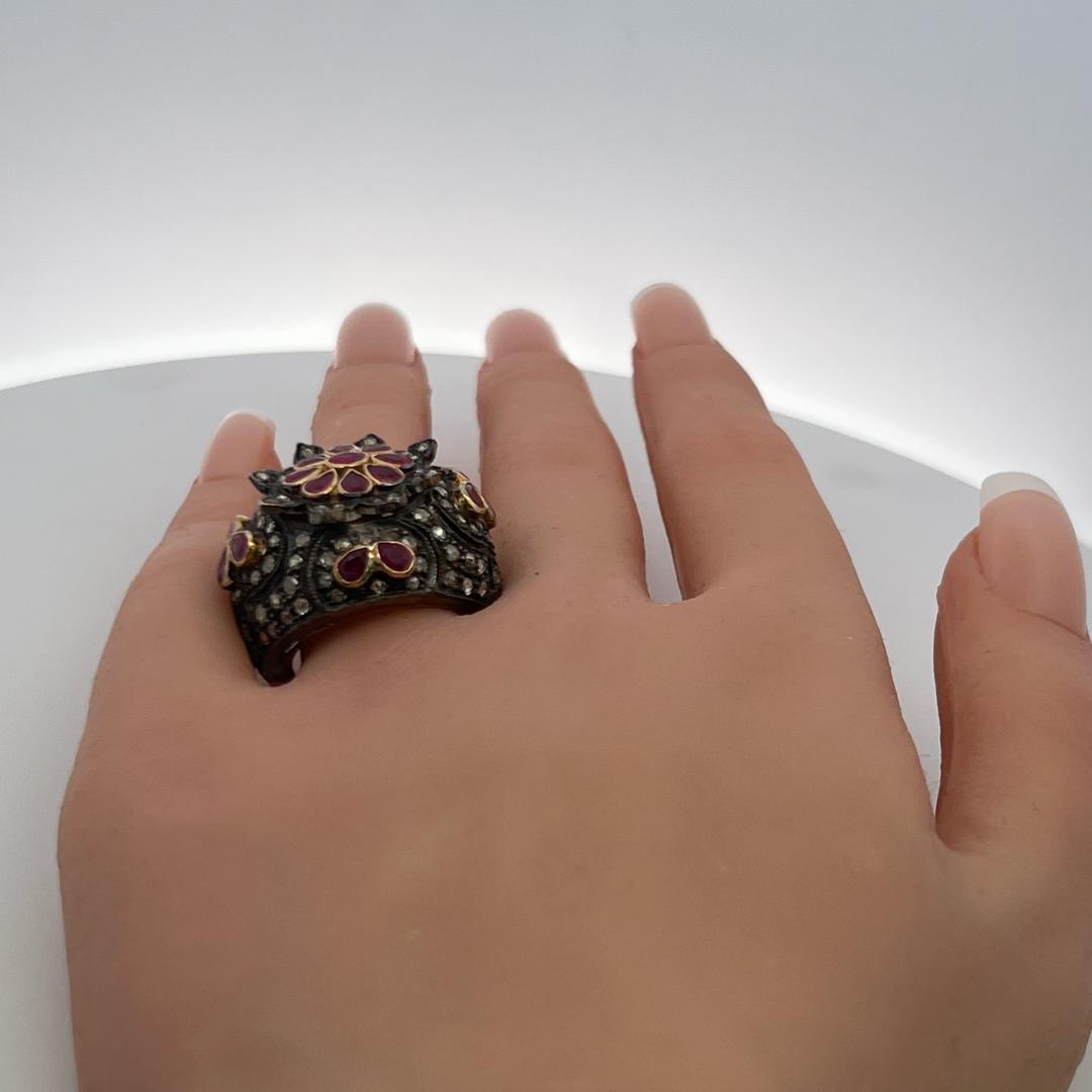 18K Yellow Gold Cocktail Ring with 1ct Rose Cut Diamonds and 4ct Ruby Size 7