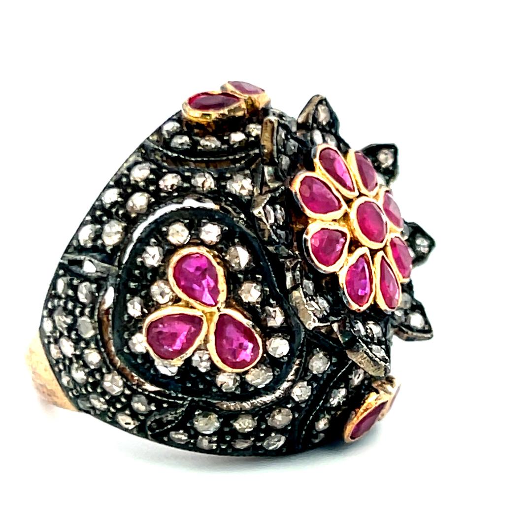 18K Yellow Gold Cocktail Ring with 1ct Rose Cut Diamonds and 4ct Ruby Size 7