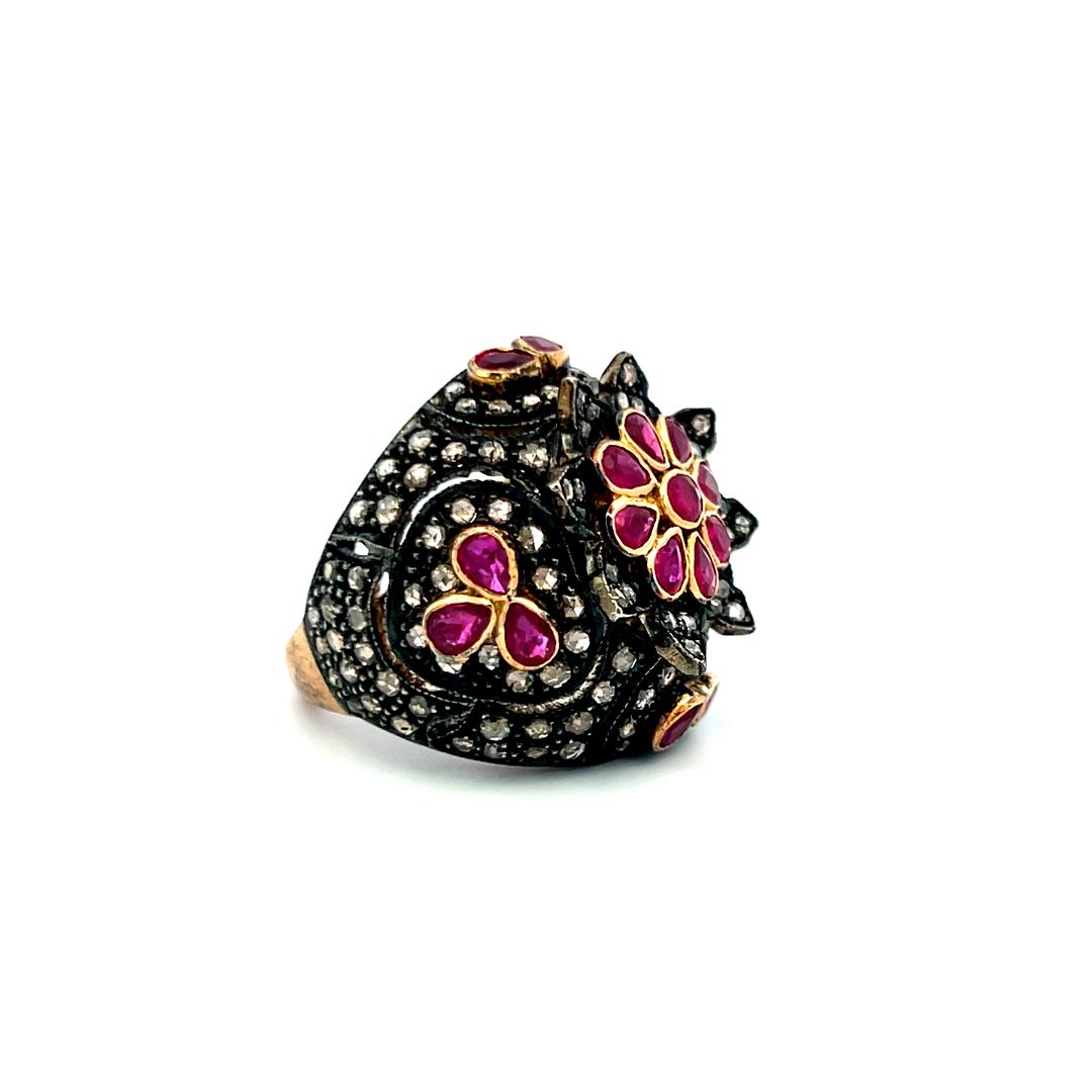 18K Yellow Gold Cocktail Ring with 1ct Rose Cut Diamonds and 4ct Ruby Size 7