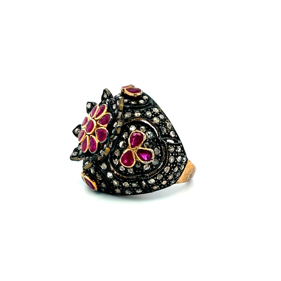 18K Yellow Gold Cocktail Ring with 1ct Rose Cut Diamonds and 4ct Ruby Size 7