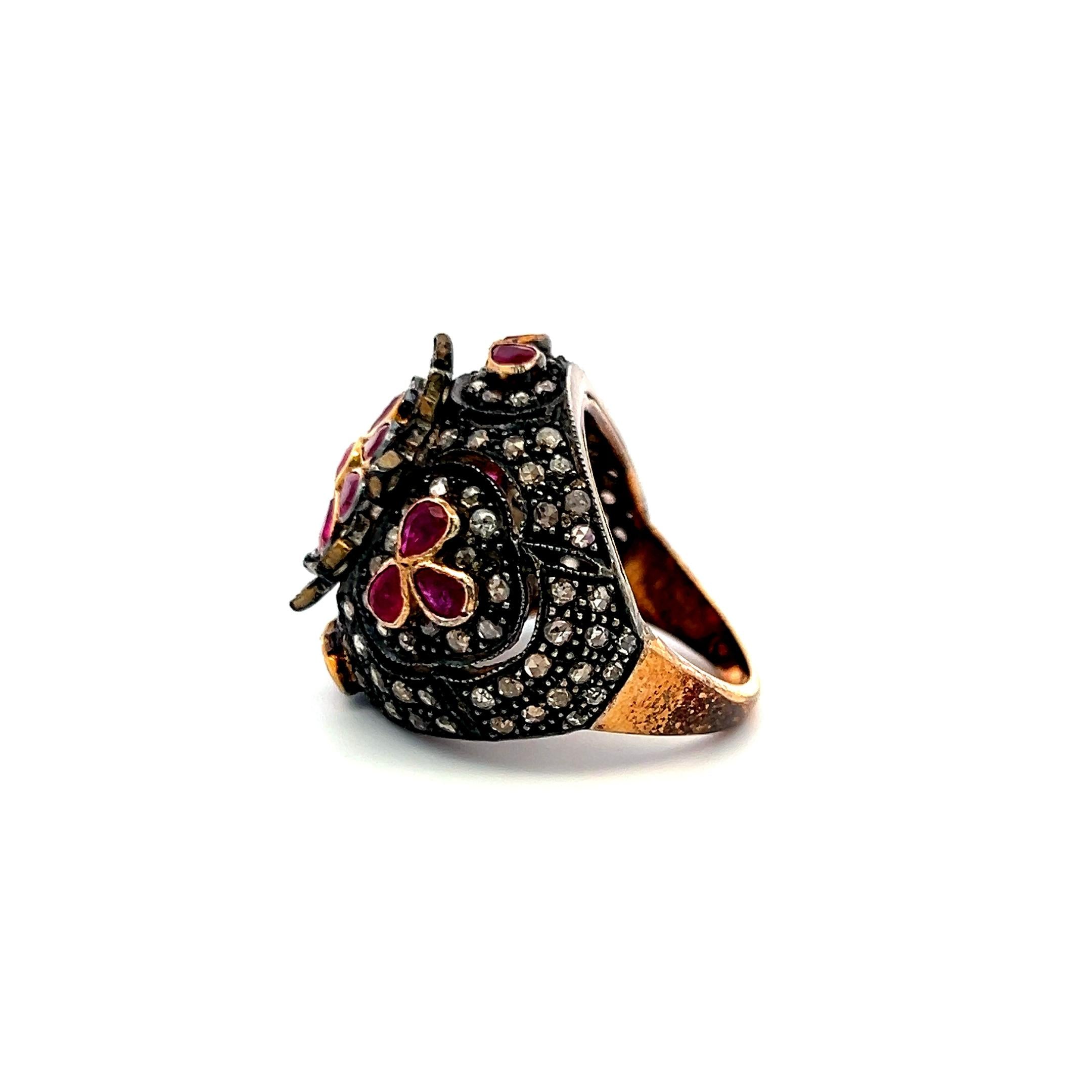 18K Yellow Gold Cocktail Ring with 1ct Rose Cut Diamonds and 4ct Ruby Size 7