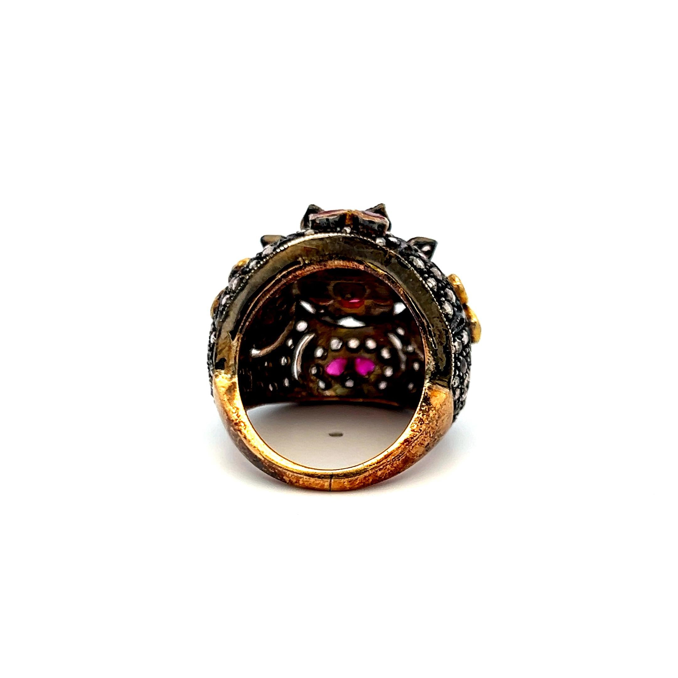 18K Yellow Gold Cocktail Ring with 1ct Rose Cut Diamonds and 4ct Ruby Size 7