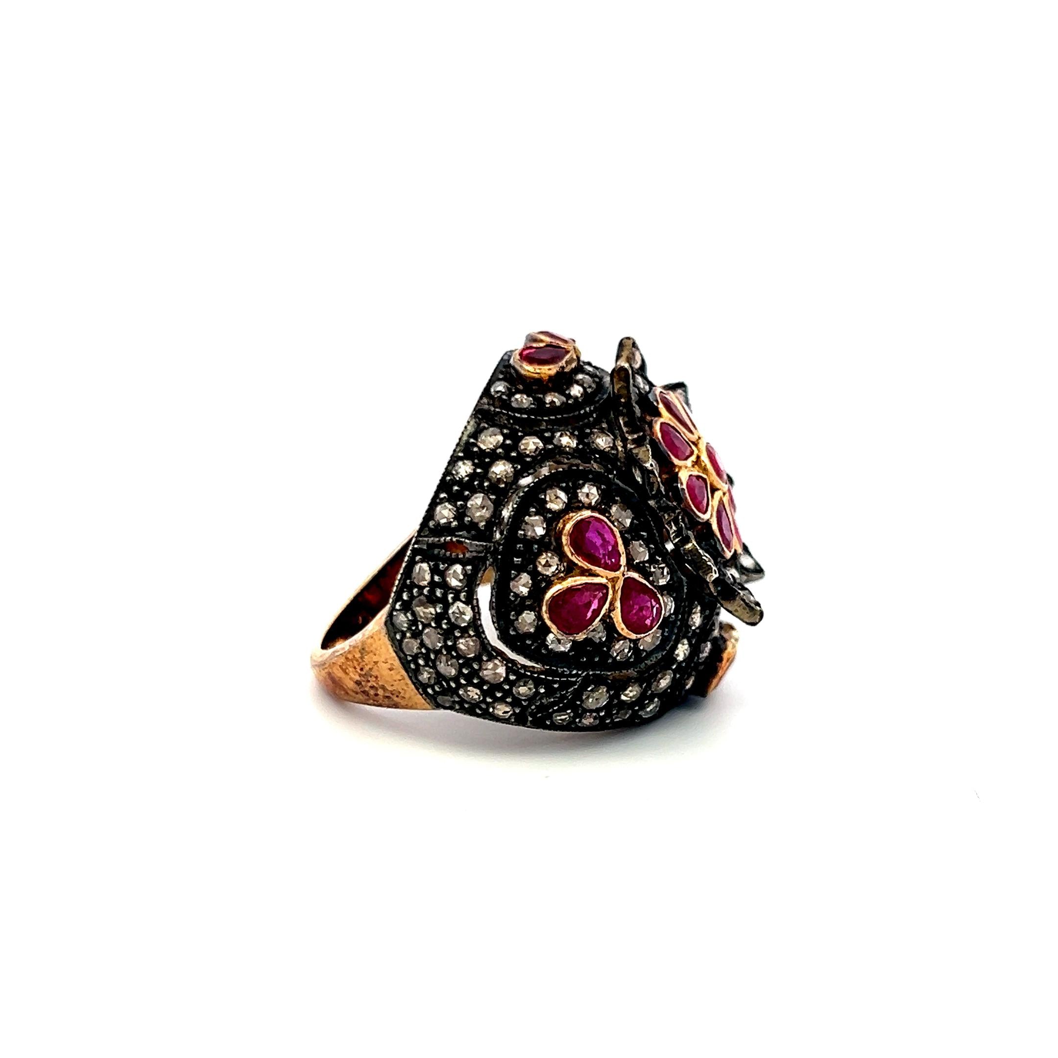 18K Yellow Gold Cocktail Ring with 1ct Rose Cut Diamonds and 4ct Ruby Size 7