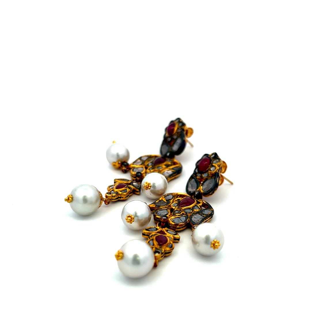 18K Yellow Gold Dangling Earrings with 8.2-9.5 MM Pearls and 2.2 Carat Rubies
