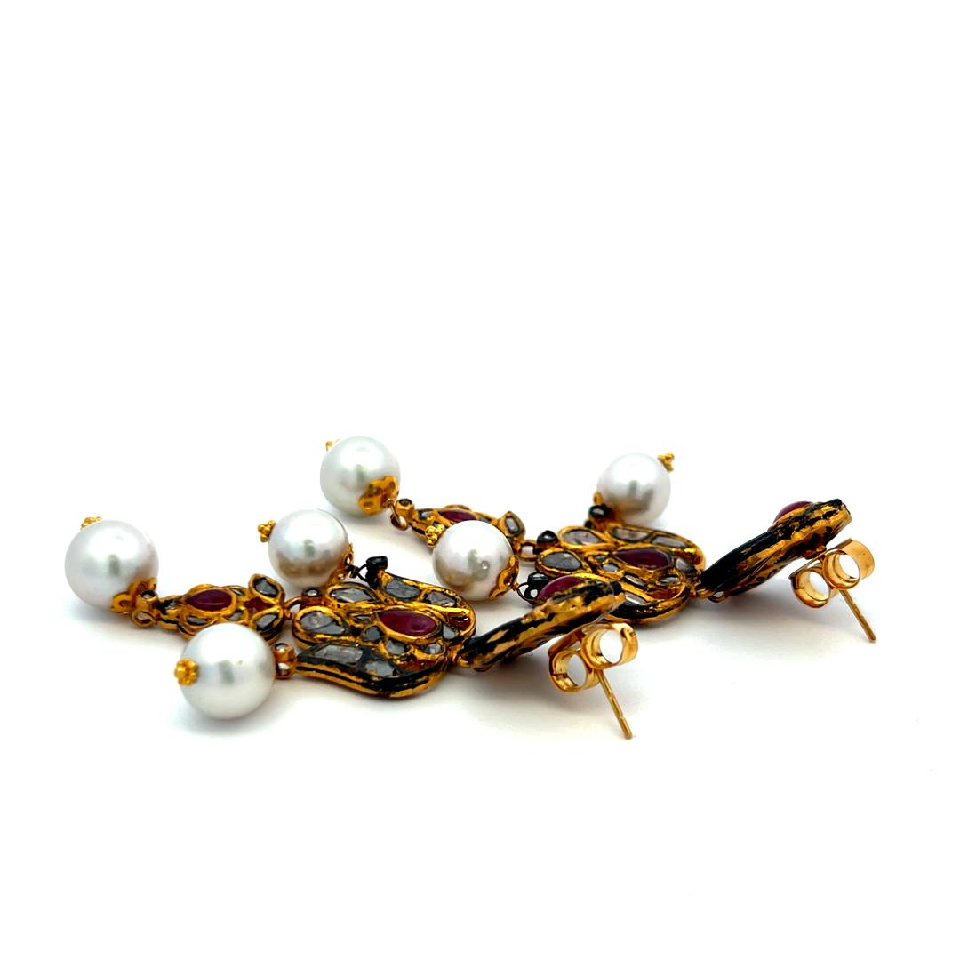 18K Yellow Gold Dangling Earrings with 8.2-9.5 MM Pearls and 2.2 Carat Rubies