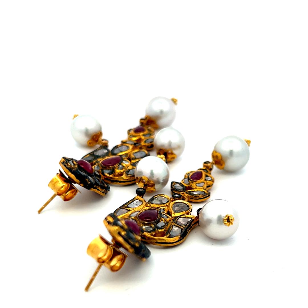 18K Yellow Gold Dangling Earrings with 8.2-9.5 MM Pearls and 2.2 Carat Rubies