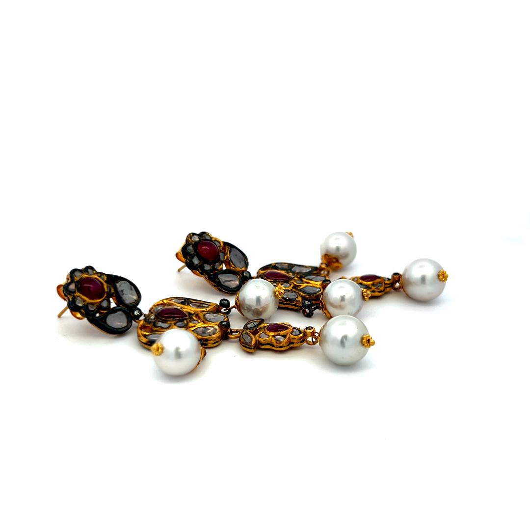 18K Yellow Gold Dangling Earrings with 8.2-9.5 MM Pearls and 2.2 Carat Rubies