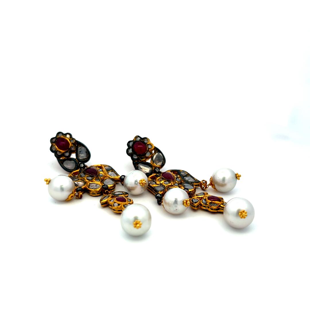 18K Yellow Gold Dangling Earrings with 8.2-9.5 MM Pearls and 2.2 Carat Rubies