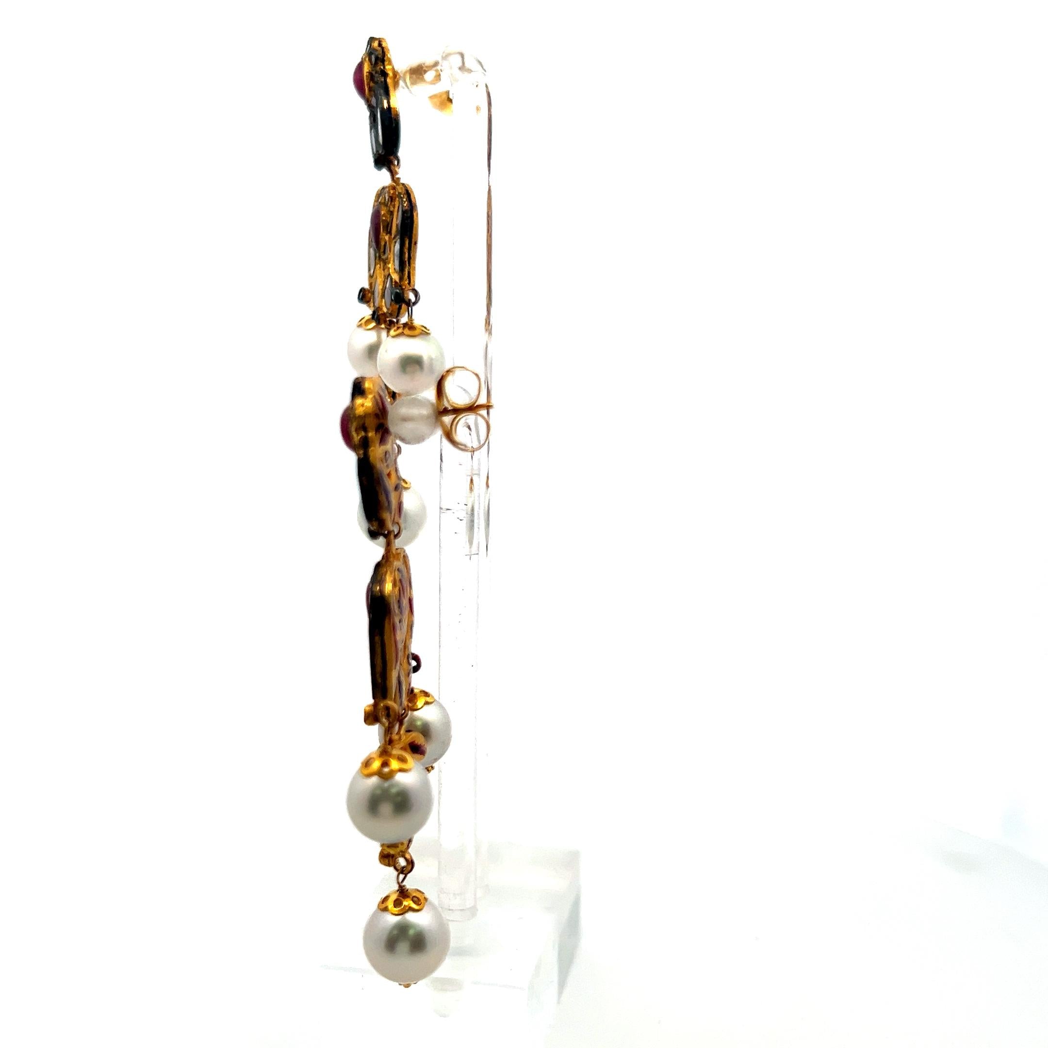 18K Yellow Gold Dangling Earrings with 8.2-9.5 MM Pearls and 2.2 Carat Rubies