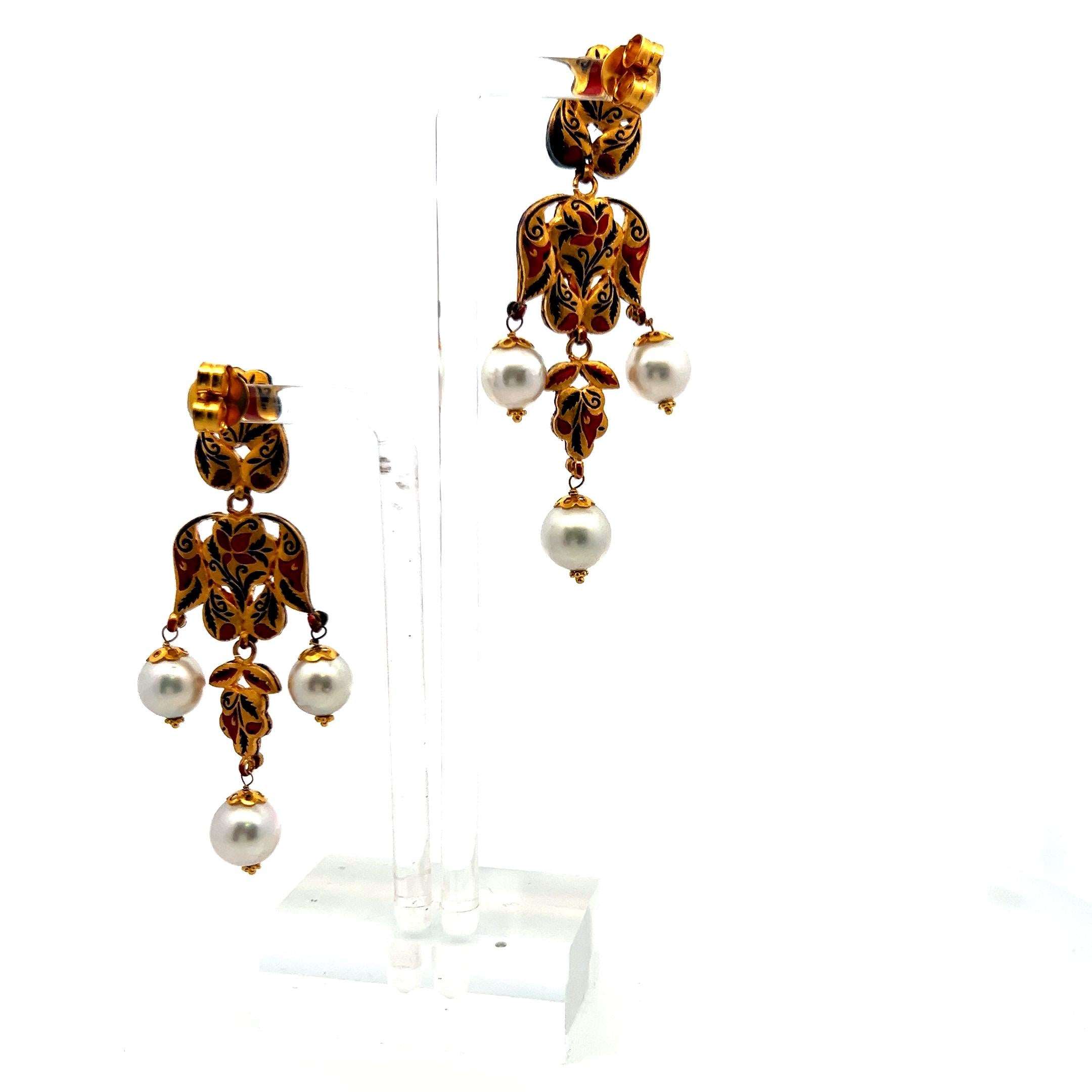 18K Yellow Gold Dangling Earrings with 8.2-9.5 MM Pearls and 2.2 Carat Rubies