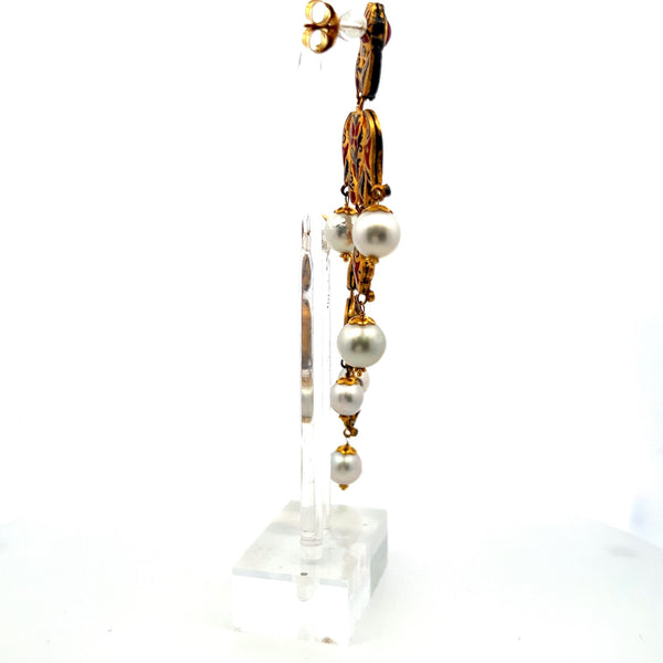 2.20 Carat Ruby & 8.2–9.5MM Pearl 18 Karat Yellow Gold Dangling Earrings