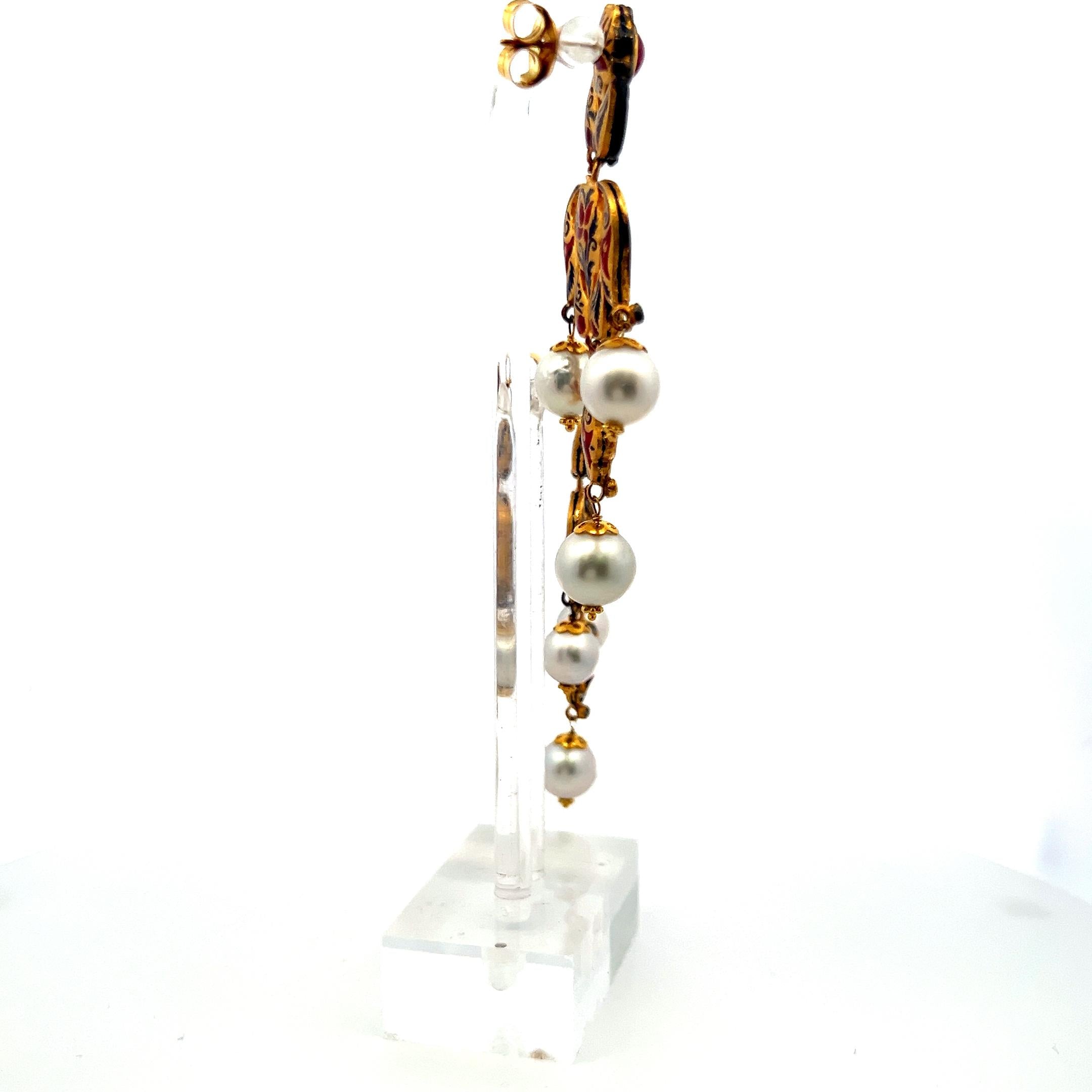 18K Yellow Gold Dangling Earrings with 8.2-9.5 MM Pearls and 2.2 Carat Rubies