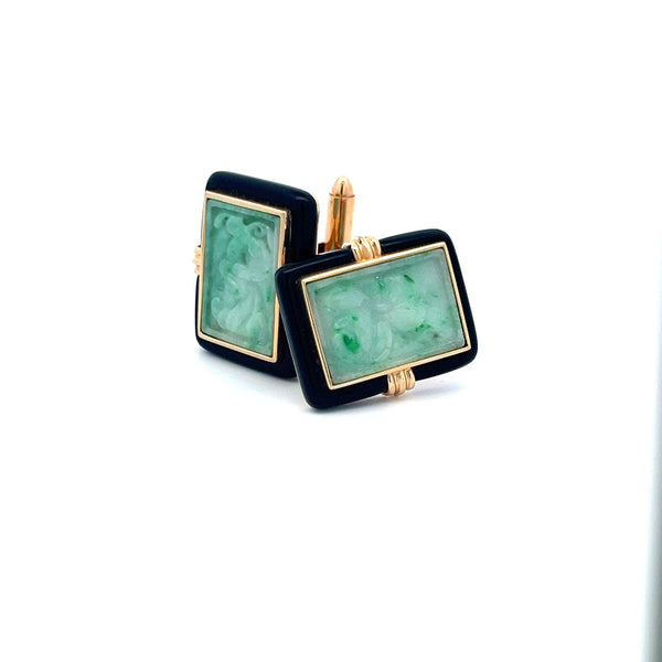 13.60-19.40 MM Jade and Onyx 14 Karat Yellow Gold Locking Cufflinks