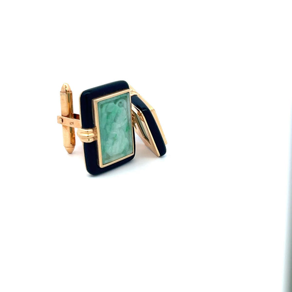 13.60-19.40 MM Jade and Onyx 14 Karat Yellow Gold Locking Cufflinks