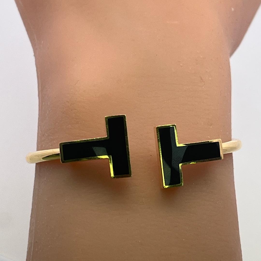 Tiffany & Co 18 Karat Yellow Gold Enamel T Cuff Bracelet 16.8 Grams