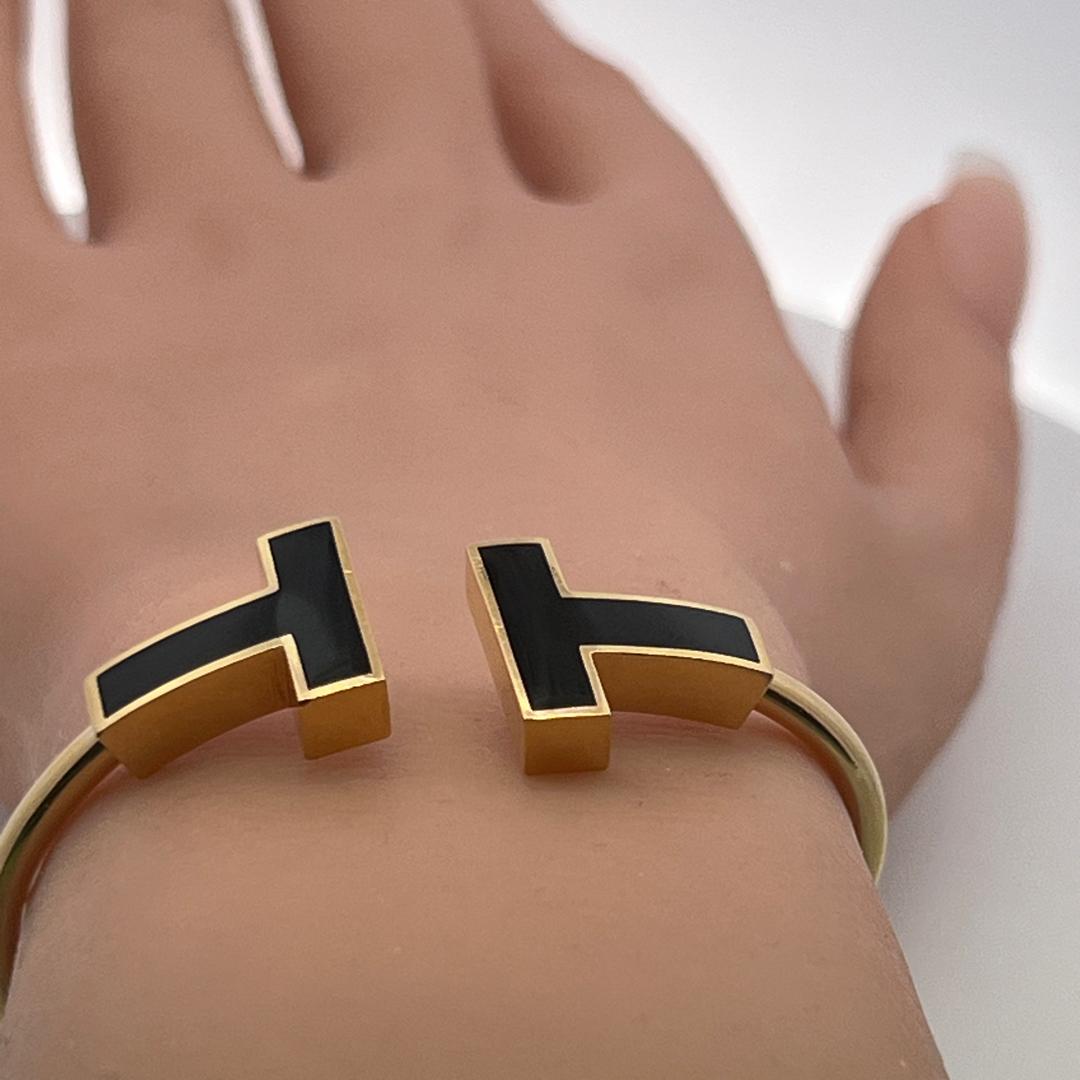 Tiffany & Co 18 Karat Yellow Gold Enamel T Cuff Bracelet 16.8 Grams