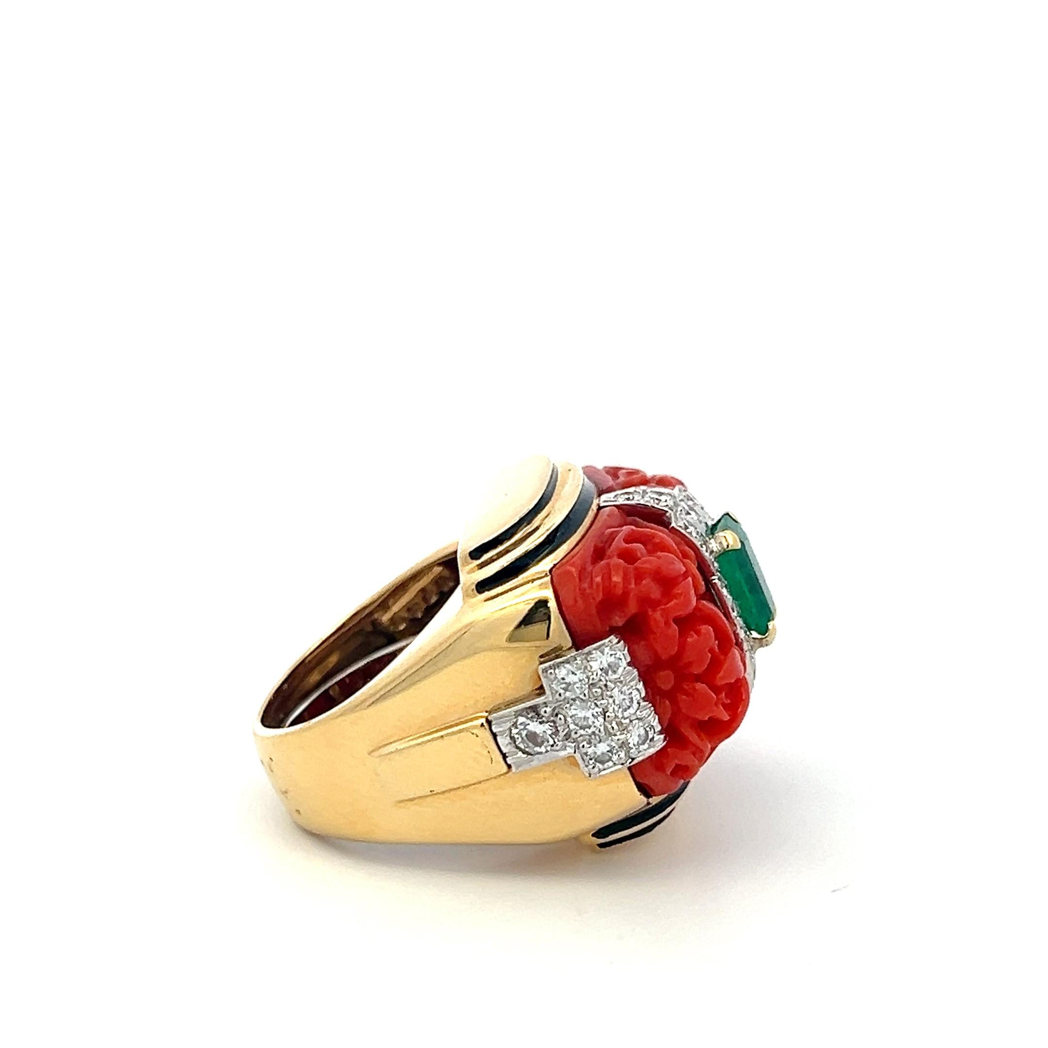 David Webb 18K YG Cocktail Ring 0.9ct Round F-VS Diamond 0.75ct Emerald Size 4.7