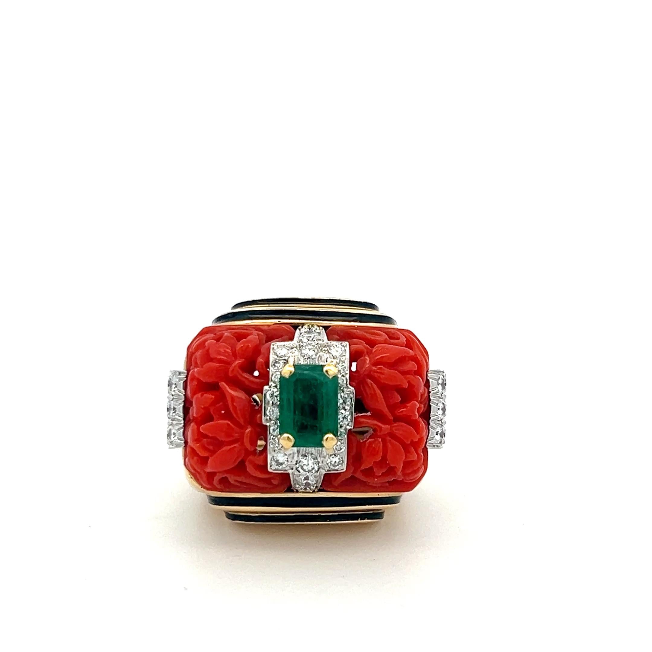 David Webb 18K YG Cocktail Ring 0.9ct Round F-VS Diamond 0.75ct Emerald Size 4.7