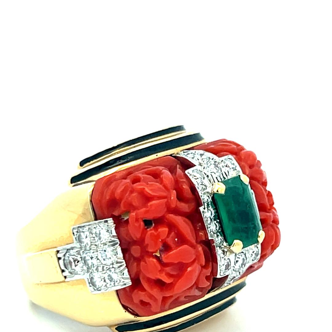 David Webb 18K YG Cocktail Ring 0.9ct Round F-VS Diamond 0.75ct Emerald Size 4.7